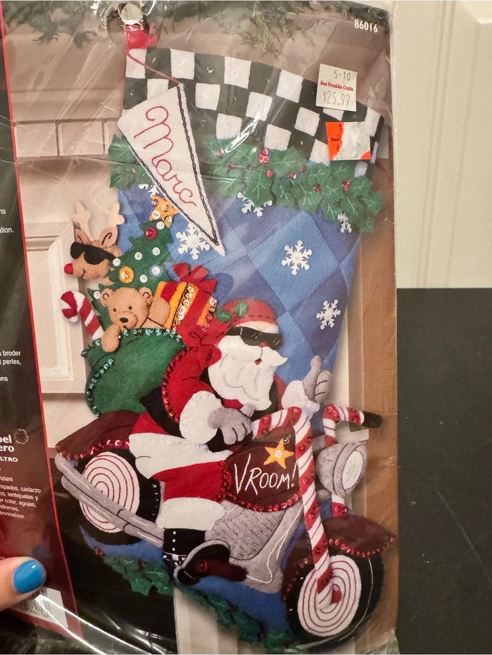 Vintage Plaid Bucilla Felt Stocking DIY Craft Cruising Santa Motorcycle 18” NEW